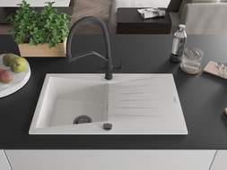 Mexen Cesar granitový drez 1-komorový s odkvapkávačom a kuchynskou batériou Duo, biely - 6514-20-671701-70-B