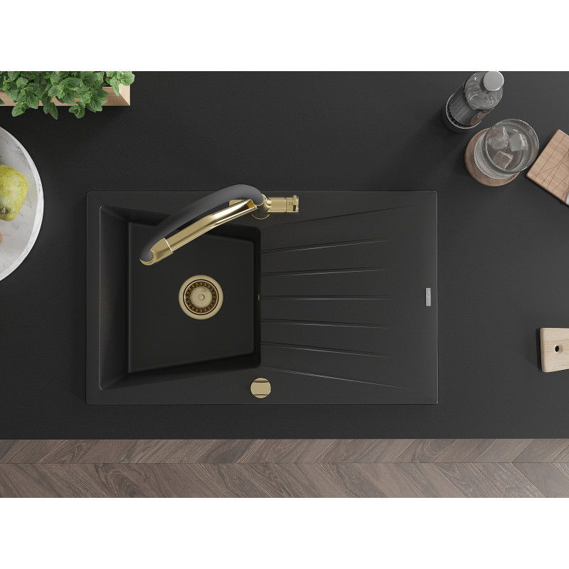 Mexen Cesar granitový kuchynský drez s 1 komorou, odkvapkávacou plochou a kuchynskou batériou Duo, čierny - 6514-77-671701-57-G