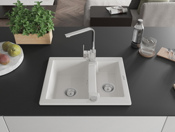 Mexen Carlos granitový drez 1,5-komorový s kuchynskou batériou Rita, biely - 6518-20-670300-00