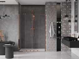 Mexen Velar Duo posuvné sprchové dvere 140 cm, priehľadné, ružové zlato - 871-140-000-02-60