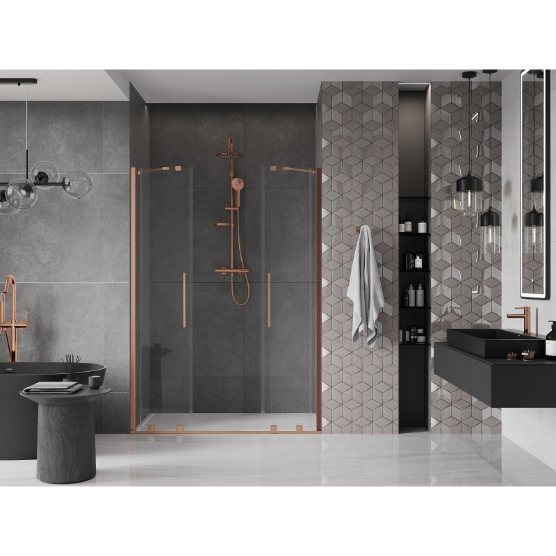 Mexen Velar Duo posuvné sprchové dvere 160 cm, transparentné, brúsená meď - 871-160-000-02-65