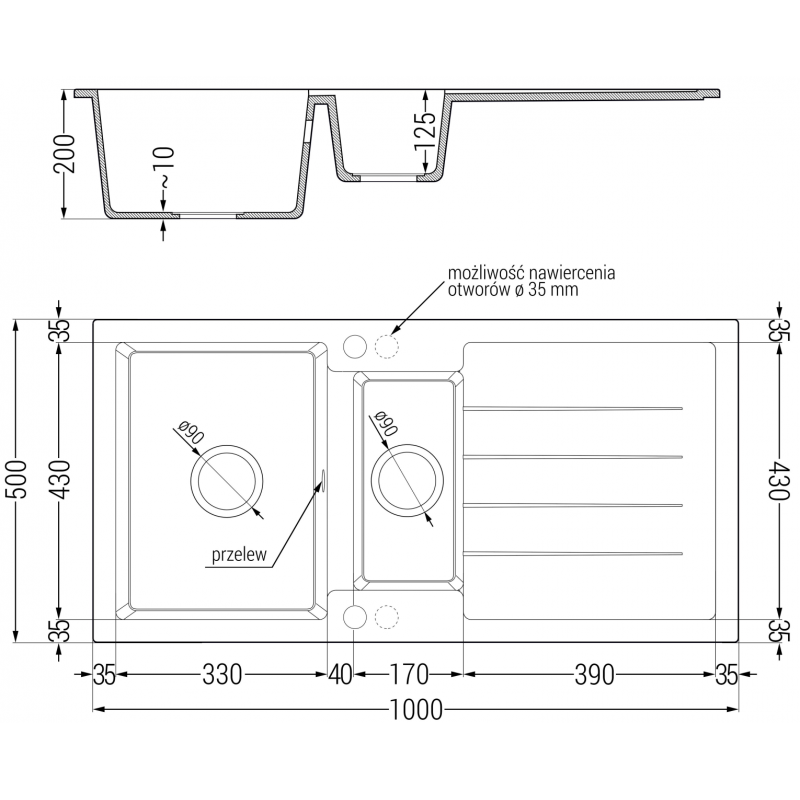 Mexen Andres granitový drez s 1,5 komorou s odkvapkávačom 1000 x 500 mm, čierny škvrnitý, chrómový sifón