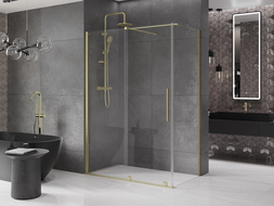 Mexen Velar sprchová kabína, posuvné dvere 140 x 85 cm, Priehľadné, Zlatá kefovaná- 871-140-085-01-55