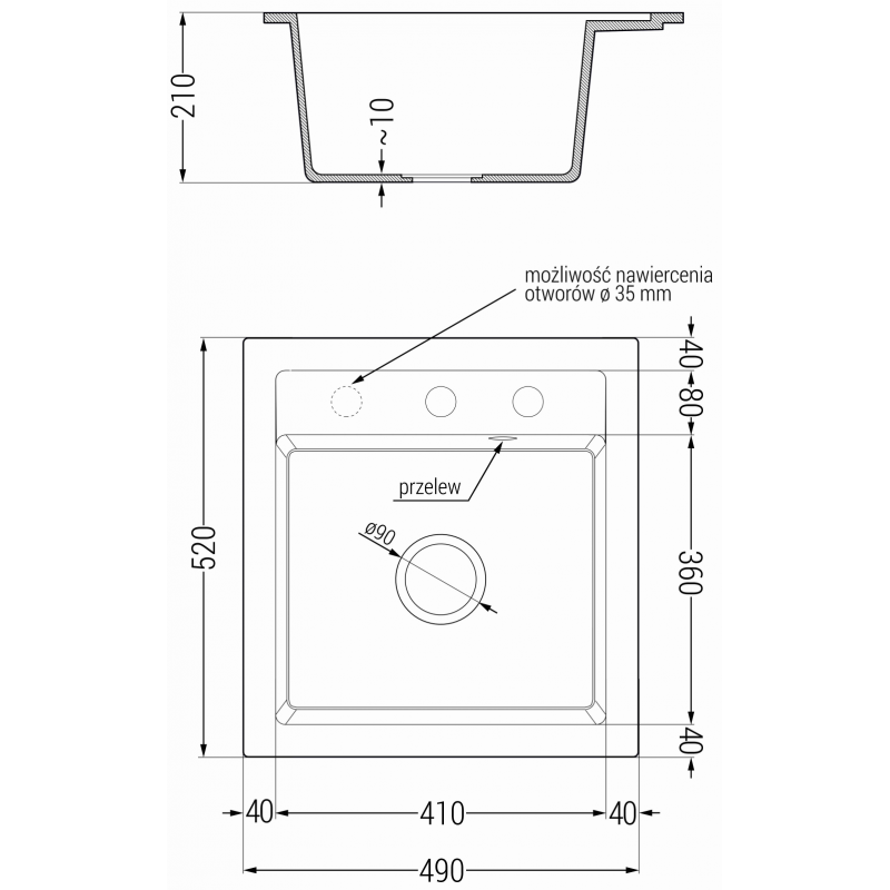 Mexen Vito granitový drez s 1 komorou 520 x 490 mm, šedý, sifón chróm - 6503521000-71