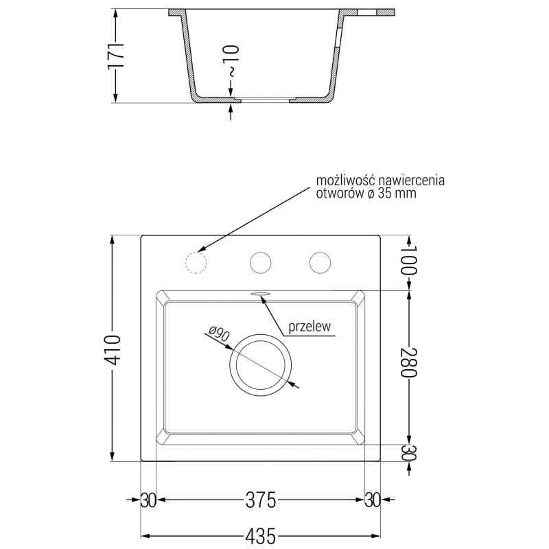 Mexen Milo žulový drez s jednou komorou 435 x 410 mm, biely, sifón chróm - 6505441000-20