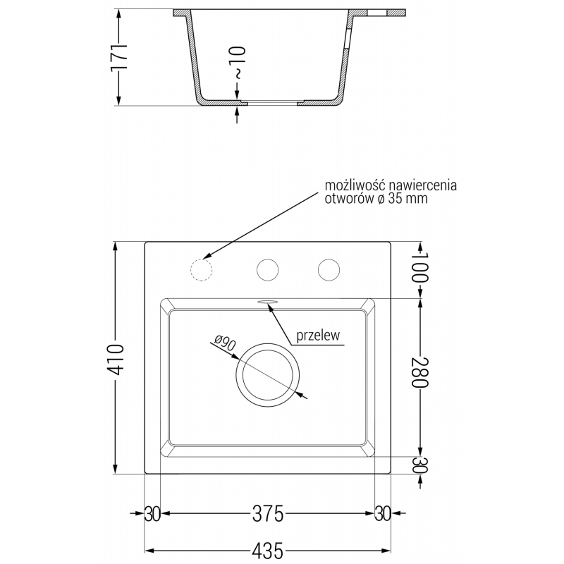 Mexen Milo granitový drez s jednou komorou 435 x 410 mm, čierny/strieborný metalik, chrómový sifón - 6505441000-73