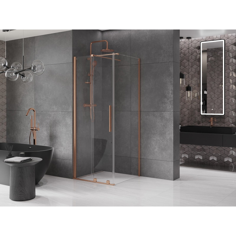 Mexen Velar posuvný sprchový kút 110 x 110 cm, priehľadný, brúsená meď - 871-110-110-01-65