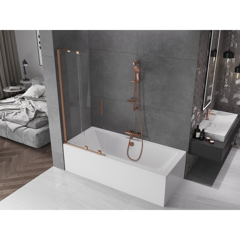 Mexen Velar rozťahovacia dvojdielna vaňová zástenka 80 x 150 cm, transparentná, kartáčovaná meď - 896-080-000-01-65
