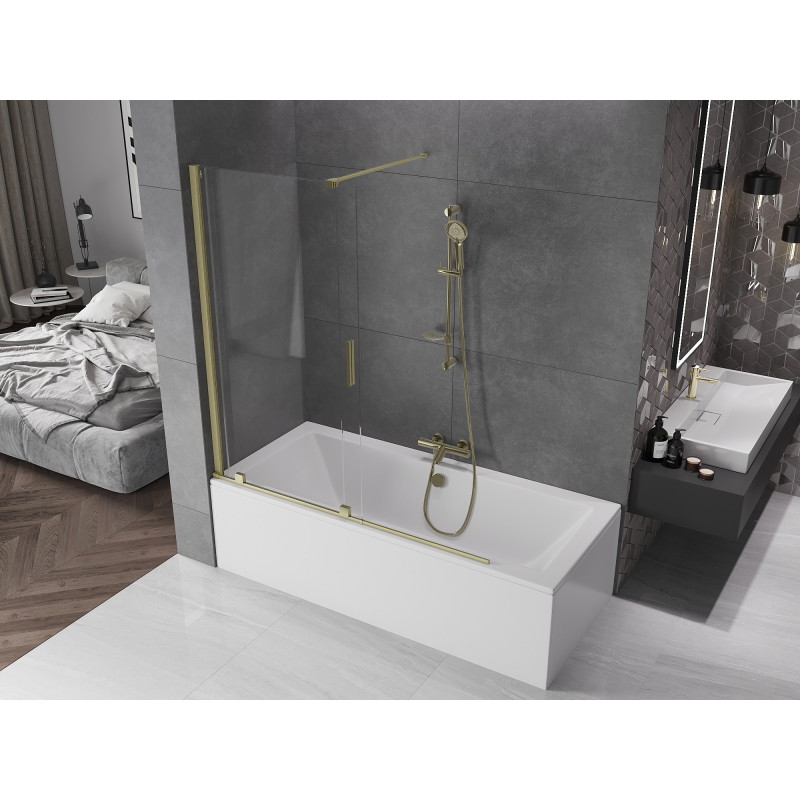 Mexen Velar dvojkrídlový zasúvací vaňový paraván 150 x 150 cm, transparentný, zlatý kartáčovaný - 896-150-000-01-55