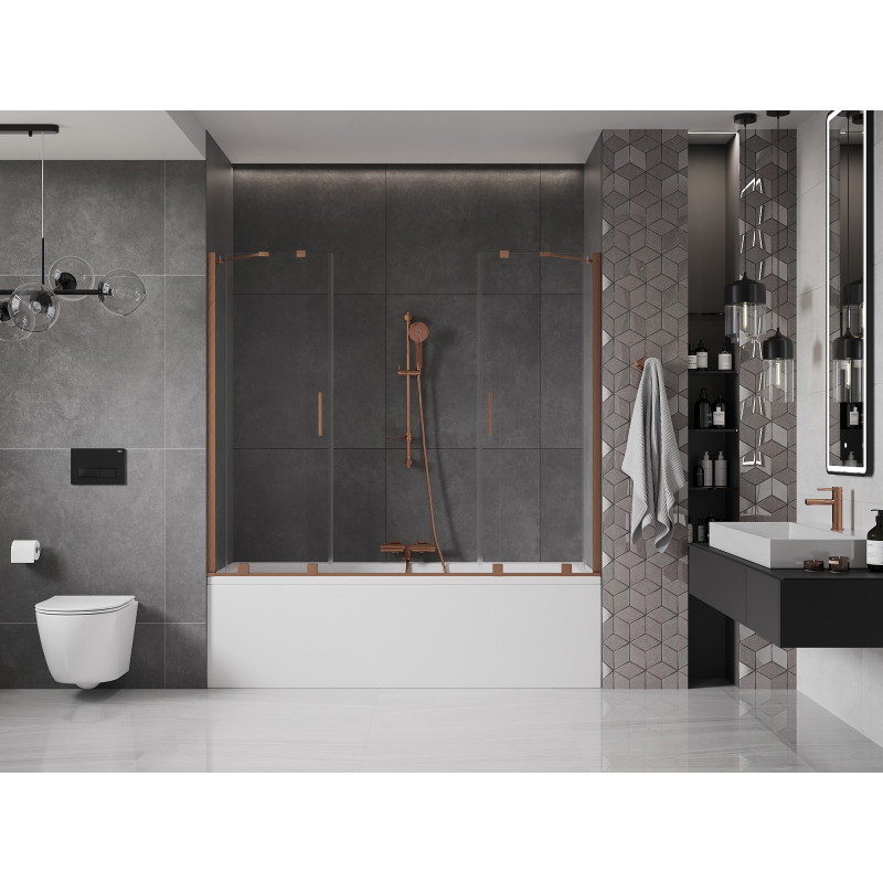 Mexen Velar Duo vaňová zástena dvojkrídlová posuvná 200 x 150 cm, priehľadná, brúsená meď - 896-200-000-02-65