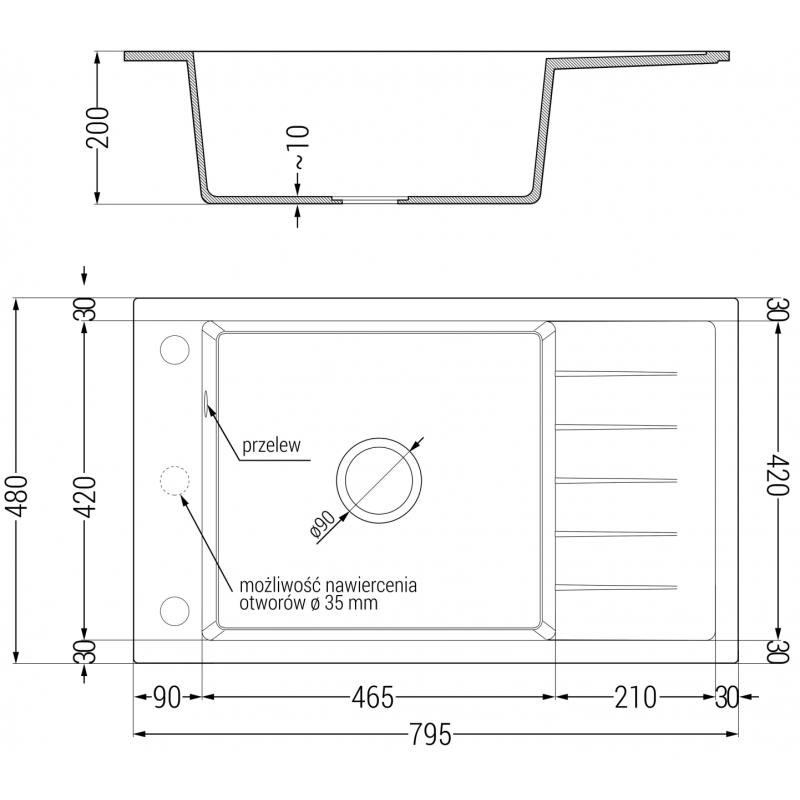 Mexen Elias žulový drez s 1 komorou a drenážnou doskou 795 x 480 mm, sivý, sifón chrómovaný - 6511791005-71