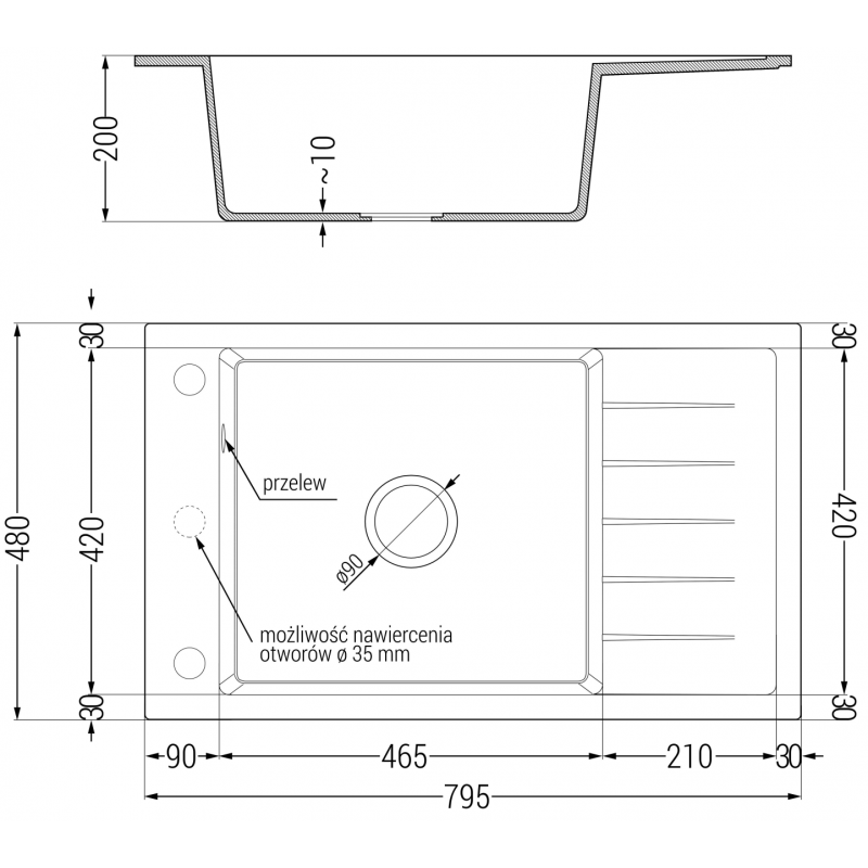 Mexen Elias granitový drez 1-komorový s odkvapkávačom 795 x 480 mm, čierny, chrómový sifón - 6511791005-77