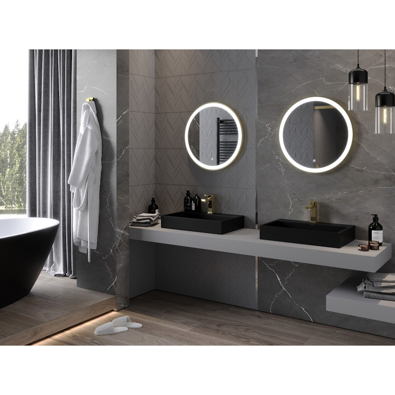 Mexen Esso kúpeľňové podsvietené zrkadlo, okrúhle 60 cm, LED 6000K, protihmla, zlatý rám - 9825-060-060-611-50