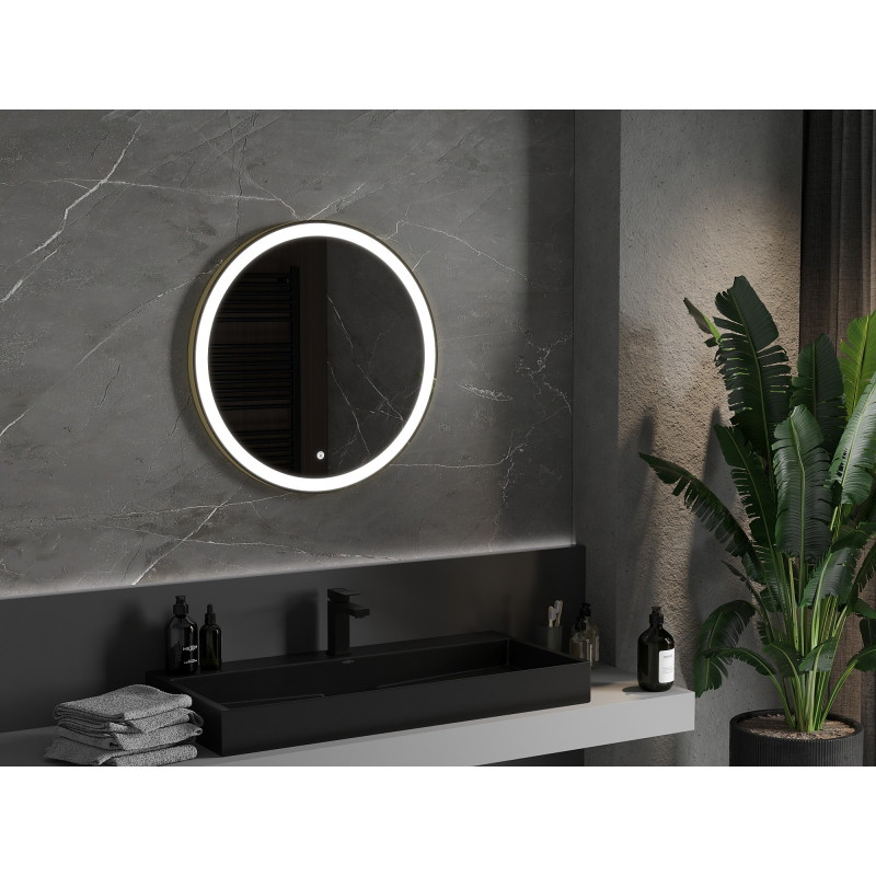 Mexen Esso kúpeľňové zrkadlo podsvietené, okrúhle 70 cm, LED 6000K, anti-pára, zlatý rám - 9825-070-070-611-50