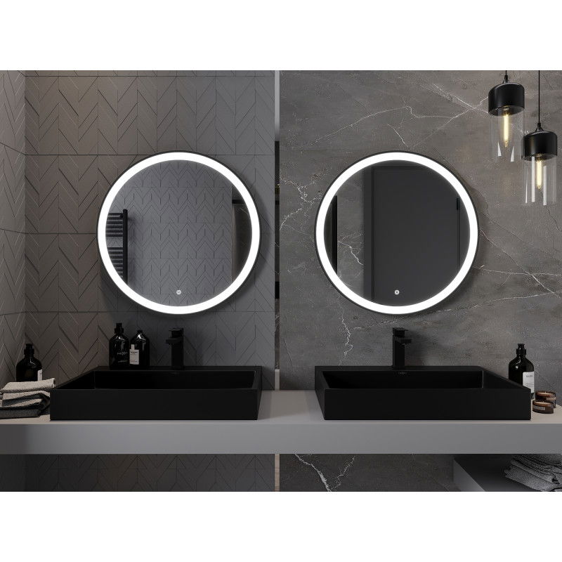 Mexen Esso osvetlené kúpeľňové zrkadlo, okrúhle 70 cm, LED 6000K, proti zahmlievaniu, čierny rám - 9825-070-070-611-70