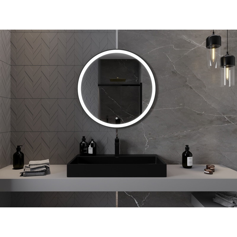 Mexen Esso osvetlené kúpeľňové zrkadlo, okrúhle 80 cm, LED 6000K, anti-pára, čierny rám - 9825-080-080-611-70