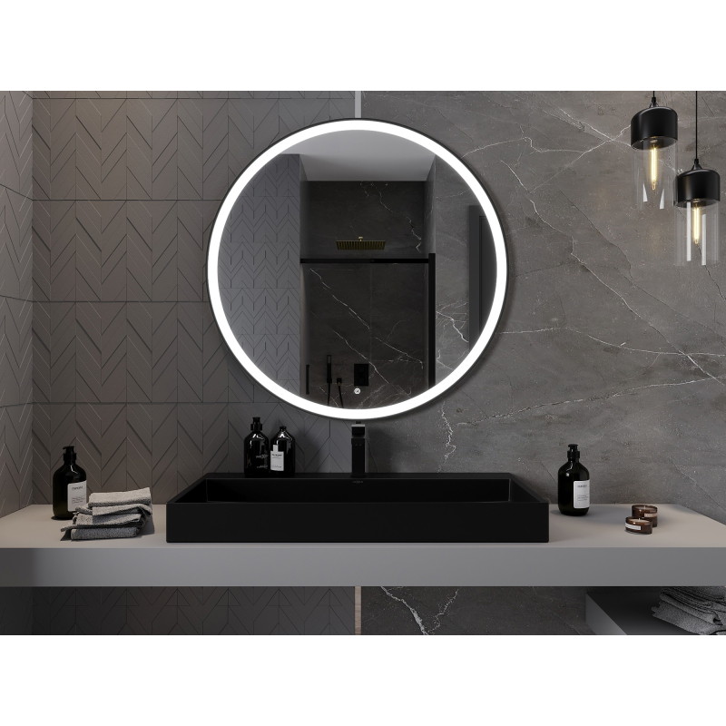 Mexen Esso osvetlené kúpeľňové zrkadlo, okrúhle 100 cm, LED 6000K, antivápenné, čierny rám - 9825-100-100-611-70