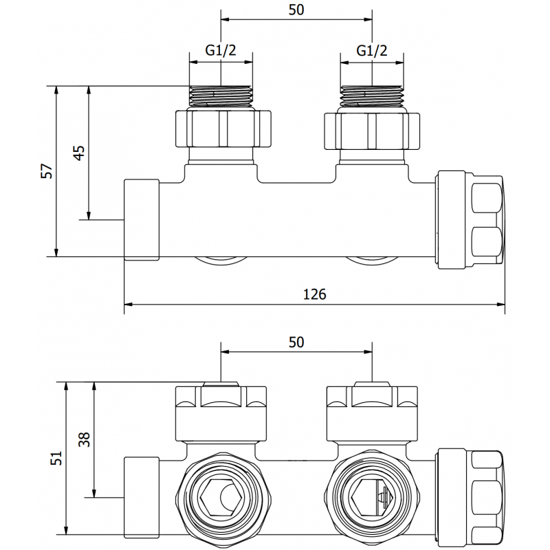 Mexen Uni-Term radiátorový ventil uhlový, Duplex, DN50, zlatý - W907-000-50