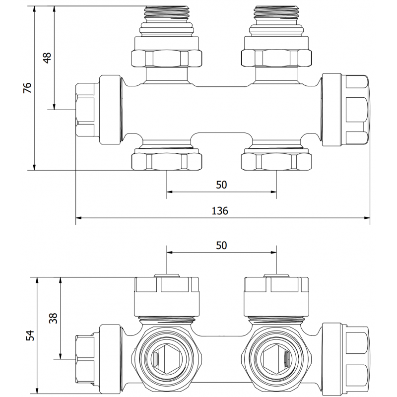 Mexen Uni-Term radiátorový ventil rohový/priamy, Duplex, DN50, zlatý - W908-000-50