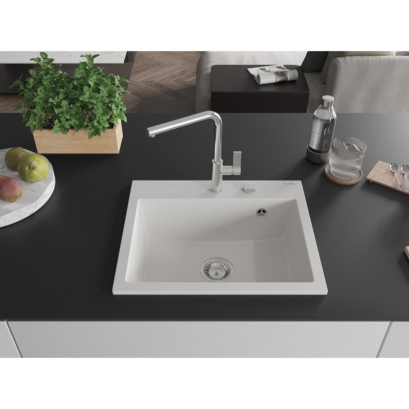 Mexen Oscar granitový drez s 1 komorou 580 x 490 mm, biely, sifón chróm - 6519581000-20