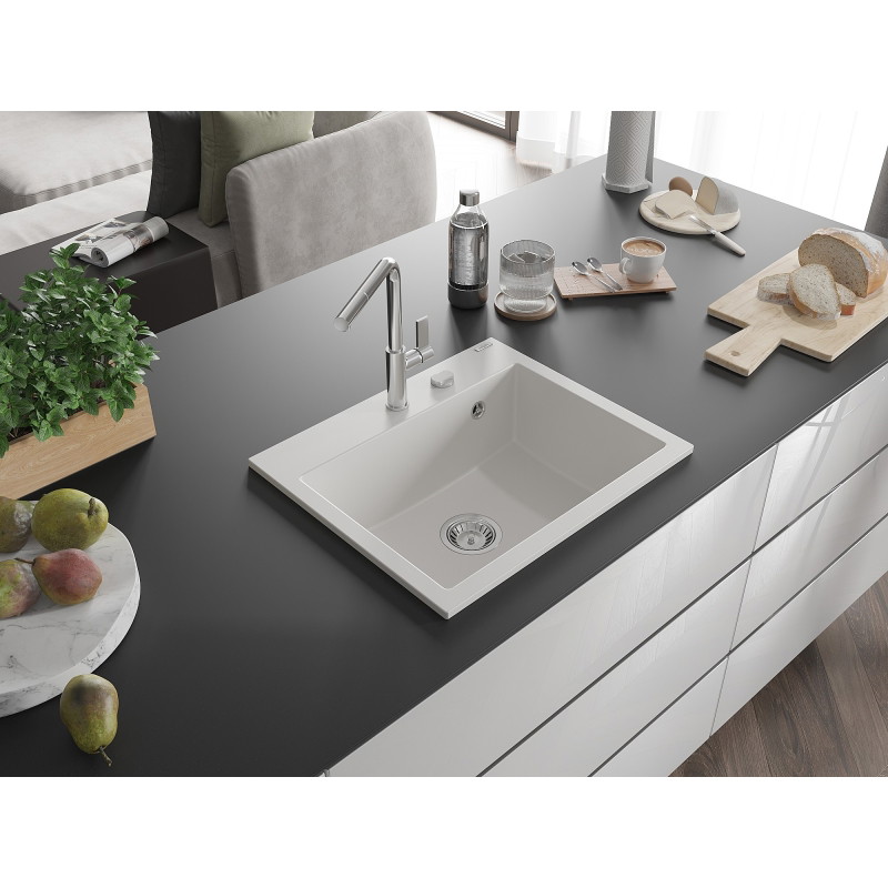 Mexen Oscar granitový drez s 1 komorou 580 x 490 mm, biely, sifón chróm - 6519581000-20