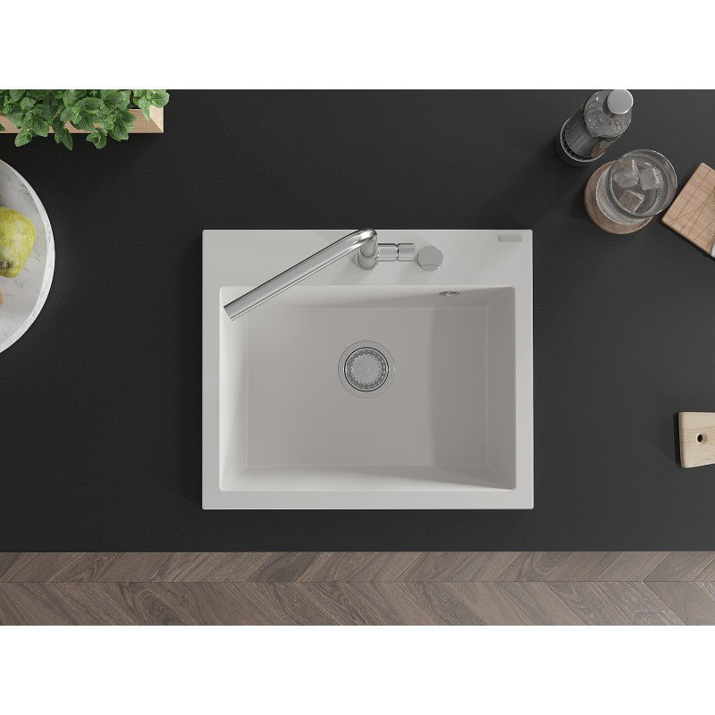 Mexen Oscar granitový drez 1-komorový 580 x 490 mm, biely, sifón chróm - 6519581000-20