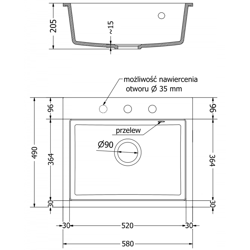 Mexen Oscar žulový drez s jednou komorou 580 x 490 mm, béžový, sifón chróm - 6519581000-69
