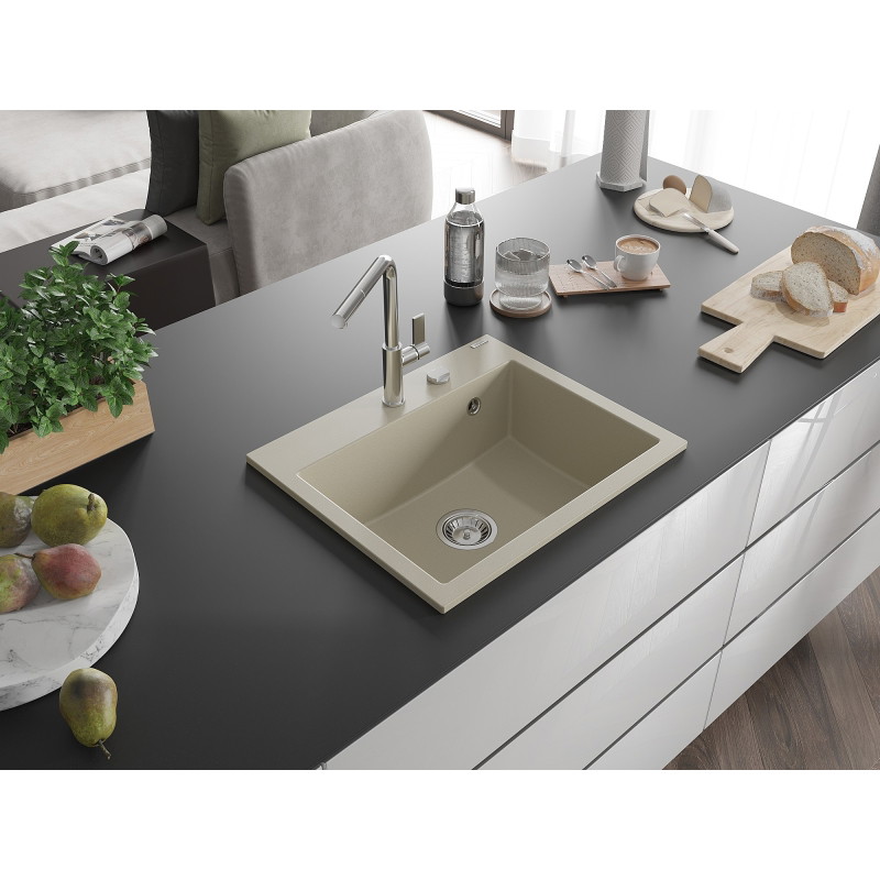 Mexen Oscar Granitový kuchynský drez 1-komorový 580 x 490 mm, béžový, sifón chróm - 6519581000-69