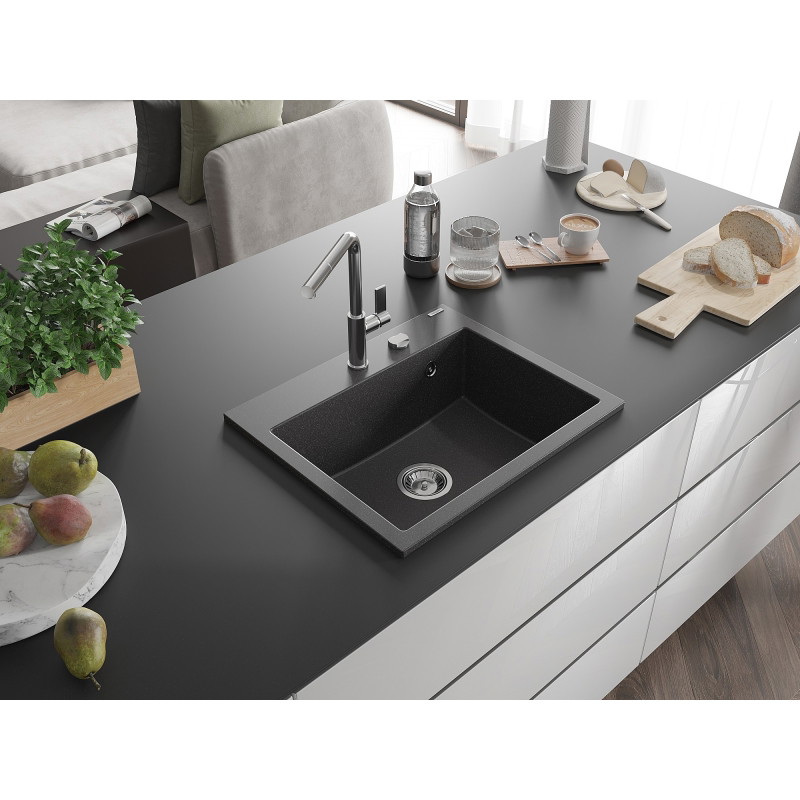 Mexen Oscar granitový drez s jednou komorou 580 x 490 mm, čierny bodkovaný, sifón chróm - 6519581000-76