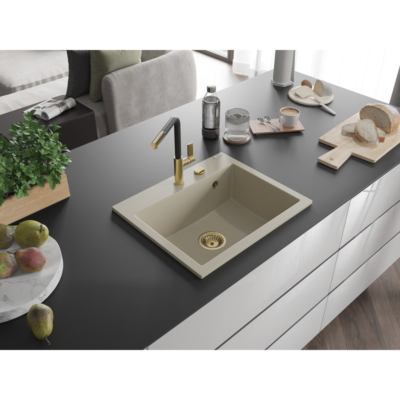 Mexen Oscar žulový drez 1-komorový 580 x 490 mm, béžový, zlatý sifón - 6519581000-69-G