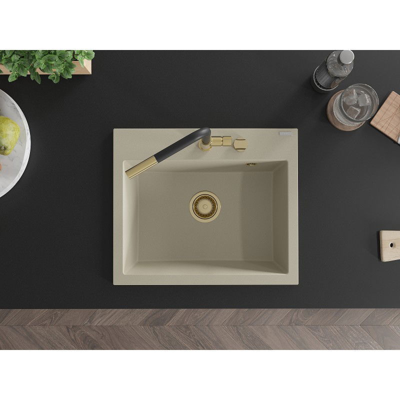 Mexen Oscar granitový kuchynský drez s 1 komorou 580 x 490 mm, béžový, sifón zlatý - 6519581000-69-G