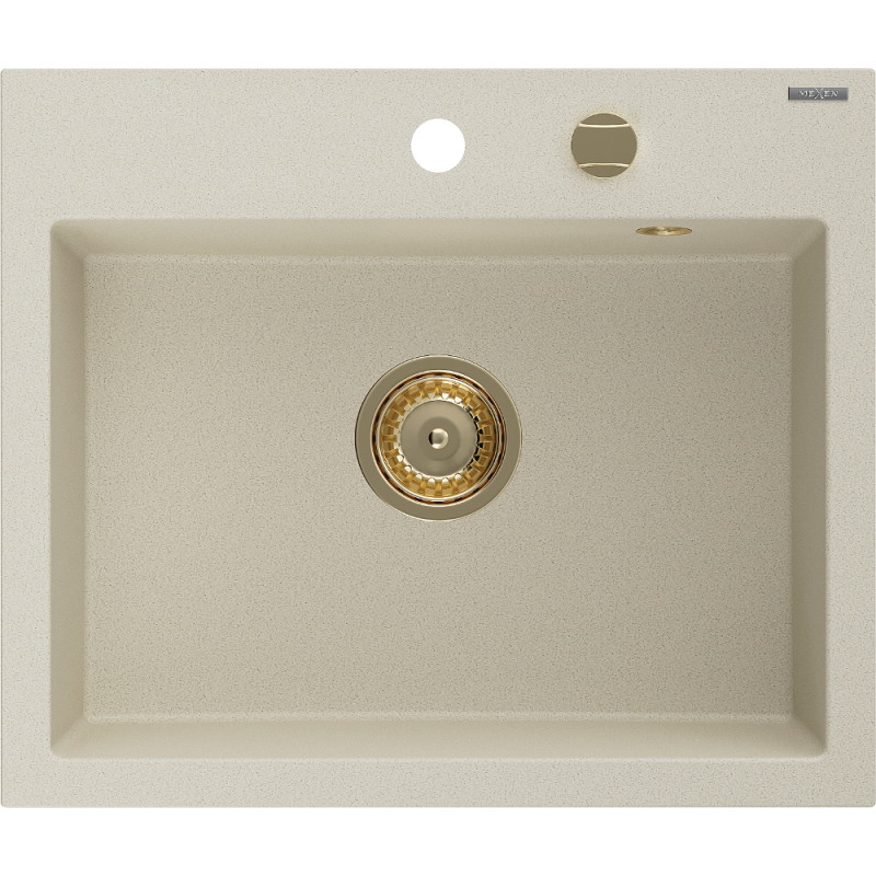 Mexen Oscar žulový drez 1-komorový 580 x 490 mm, béžový, zlatý sifón - 6519581000-69-G