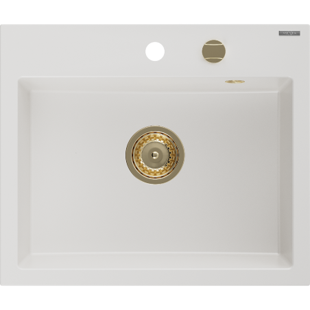 Mexen Oscar žulový kuchynský drez s 1-komorou 580 x 490 mm, biely, zlatý sifón - 6519581000-20-G