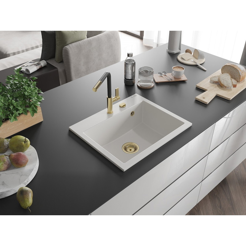 Mexen Oscar žulový drez 1-komorový 580 x 490 mm, biely, sifón zlatý - 6519581000-20-G