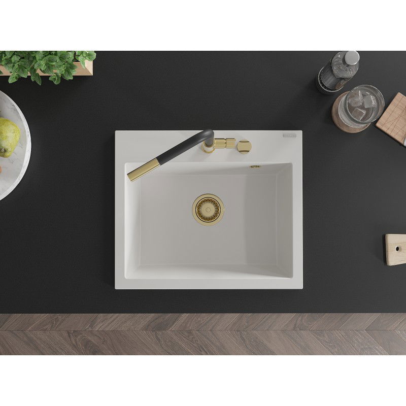 Mexen Oscar žulový kuchynský drez s 1-komorou 580 x 490 mm, biely, zlatý sifón - 6519581000-20-G