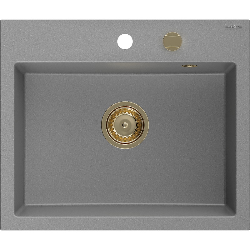 Mexen Oscar granitový drez 1-komorový 580 x 490 mm, šedý, sifón zlatý - 6519581000-71-G