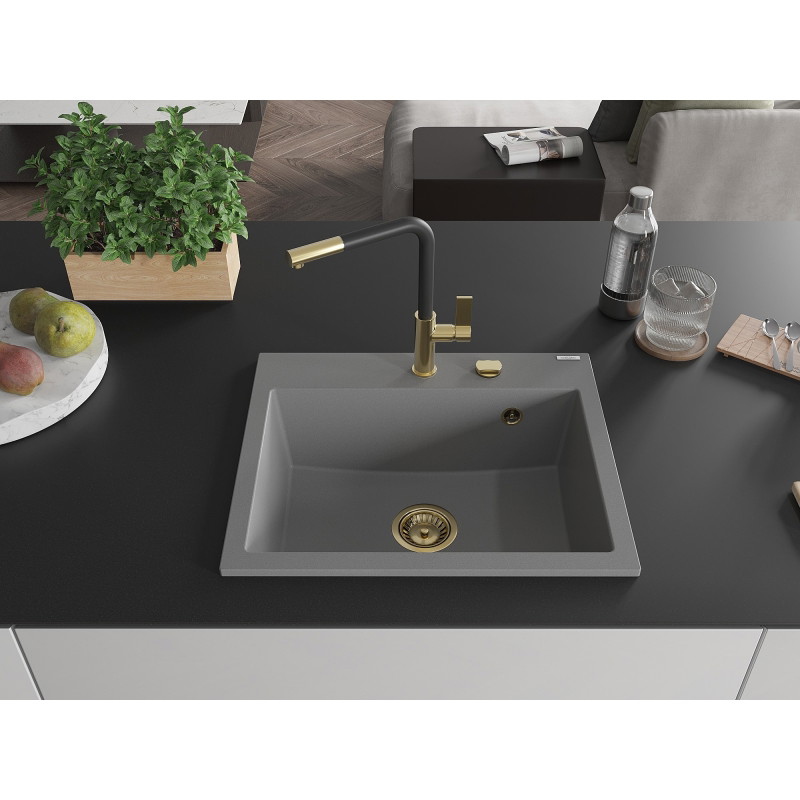 Mexen Oscar granitový drez 1-komorový 580 x 490 mm, šedý, sifón zlatý - 6519581000-71-G