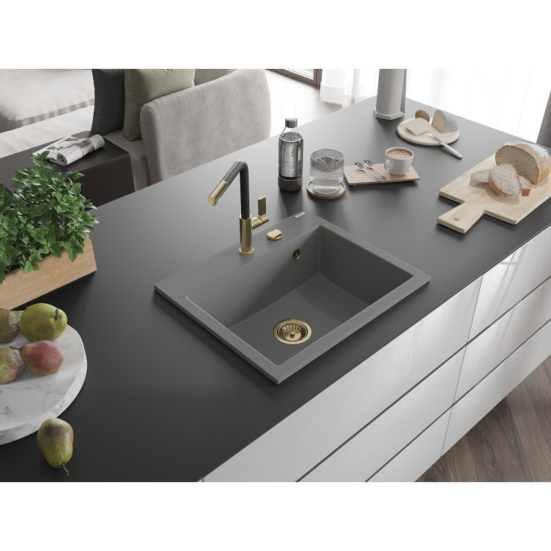 Mexen Oscar granitový drez 1-komorový 580 x 490 mm, šedý, sifón zlatý - 6519581000-71-G