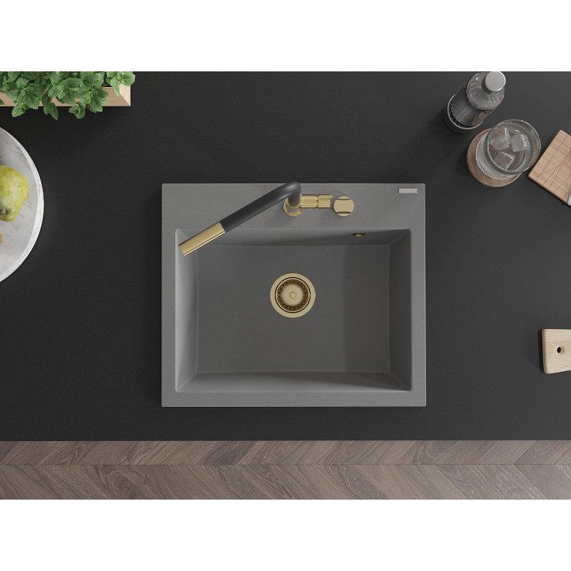 Mexen Oscar granitový drez 1-komorový 580 x 490 mm, šedý, sifón zlatý - 6519581000-71-G