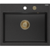 Mexen Oscar žulový kuchynský drez 1-komorový 580 x 490 mm, čierny/strieborný metalický, sifón zlatý - 6519581000-73-G