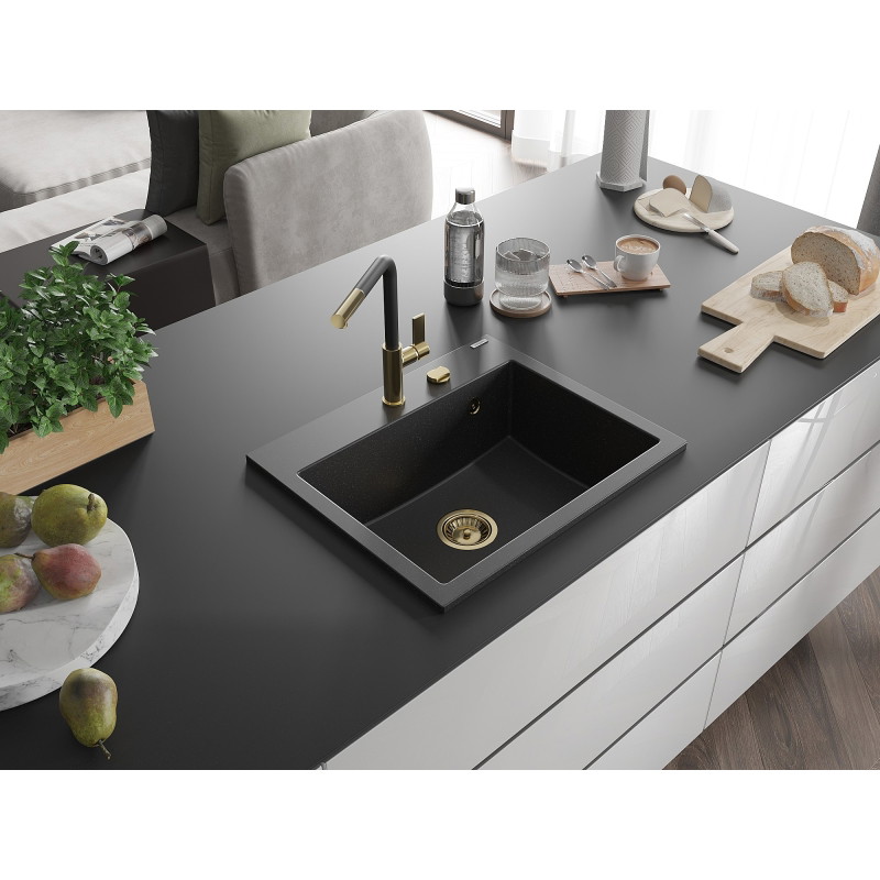 Mexen Oscar granitový kuchynský drez 1-komorový 580 x 490 mm, čierny/strieborný metalik, so zlatým sifónom
