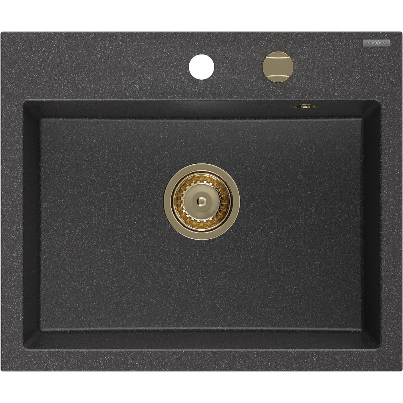 Mexen Oscar granitový drez 1-komorový 580 x 490 mm, čierny s fŕkaním, zlatý sifón - 6519581000-76-G
