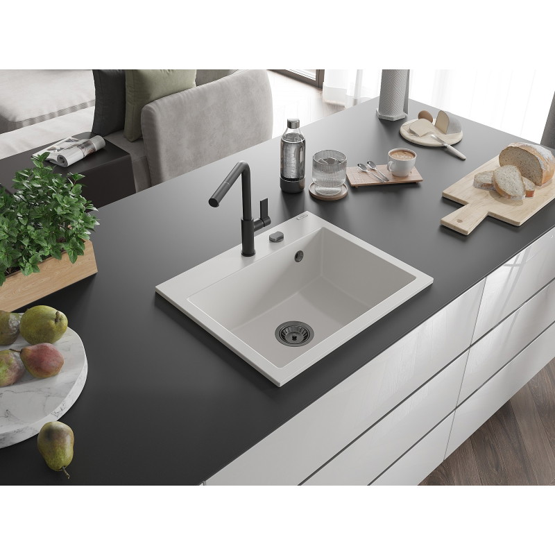 Mexen Oscar granitový jednodrez 580 x 490 mm, biely, sifón čierny - 6519581000-20-B
