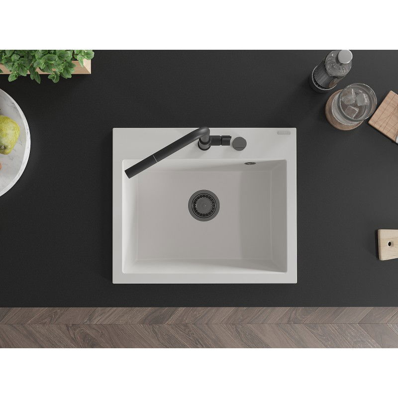 Mexen Oscar granitový kuchynský drez 1-komorový 580 x 490 mm, biely, sifón čierny - 6519581000-20-B