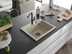 Mexen Oscar granitový umývadlo s 1 komorou 580 x 490 mm, béžový, čierny sifón - 6519581000-69-B