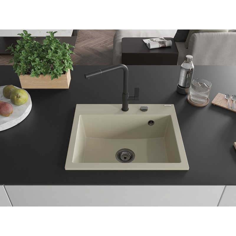Mexen Oscar granitový umývadlo s 1 komorou 580 x 490 mm, béžový, čierny sifón - 6519581000-69-B