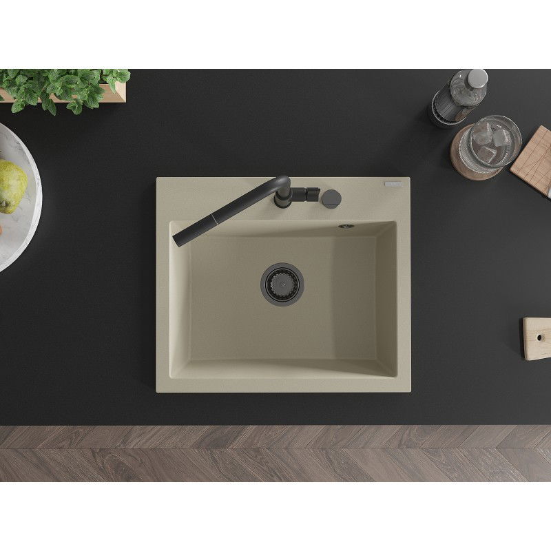 Mexen Oscar granitový kuchynský drez, 1-komorový, 580 x 490 mm, béžový, čierny sifón - 6519581000-69-B