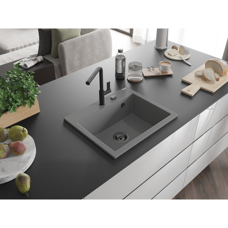 Mexen Oscar granitový drez s jednou komorou 580 x 490 mm, šedý, čierny sifón - 6519581000-71-B