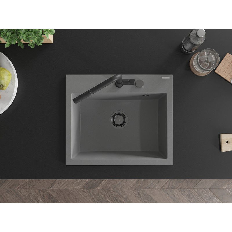 Mexen Oscar granitový drez s jednou komorou 580 x 490 mm, sivý, sifón čierny - 6519581000-71-B