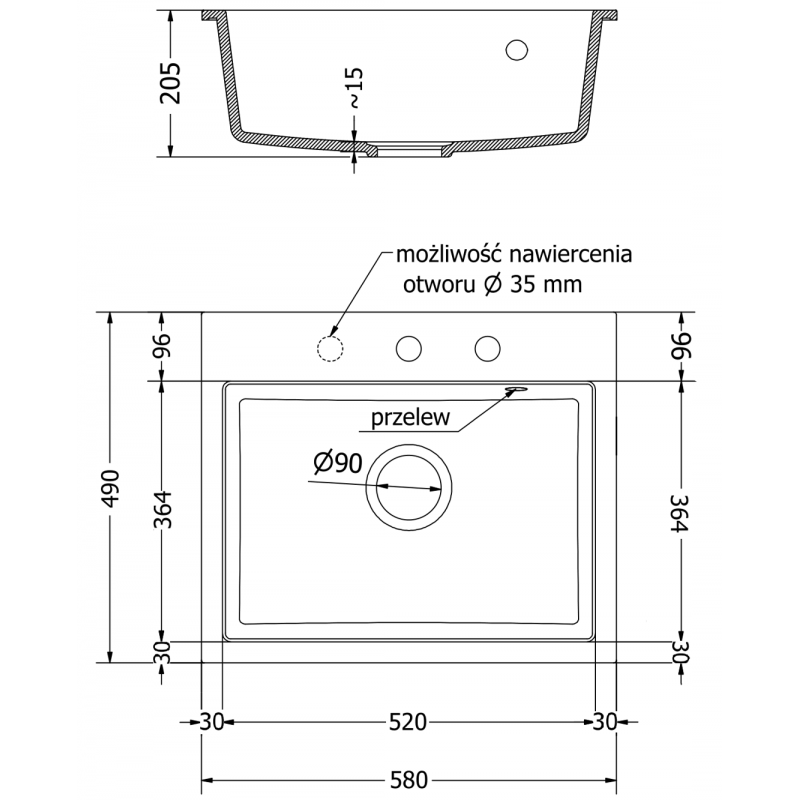 Mexen Oscar žulový kuchynský drez 1-komorový 580 x 490 mm, čierny/zlatý metalický, čierny sifón - 6519581000-75-B